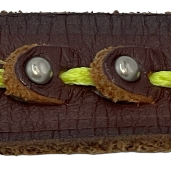 Brown Leather Belt With Metal Beads & Bright Green Cord Woven Through Center. - Picture 4 of 8